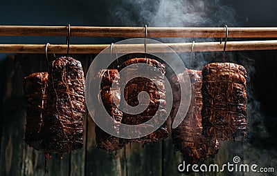 Traditional method of smoking meat in smoke. Smoked ham, bacon, pork neck and sausages in a smokehouse Stock Photo