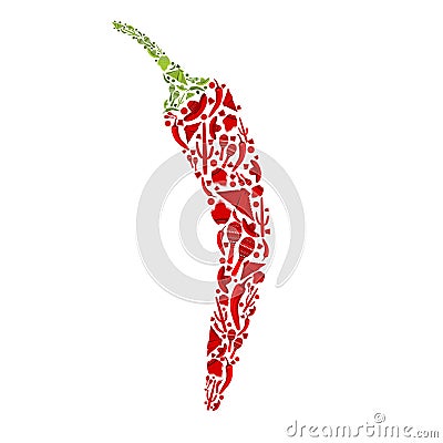 Traditional Mexican attributes in red chili peppers Vector Illustration