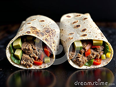 Traditional mexican burritos wraps with beef, avocado and tomato Stock Photo