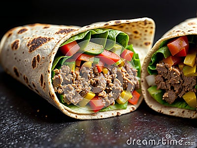 Traditional mexican burritos wraps with beef, avocado and tomato Stock Photo