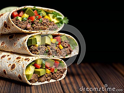 Traditional mexican burritos wraps with beef, avocado and tomato Stock Photo