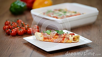 Traditional mexican enchiladas with chicken meat, spicy tomato sauce and cheese on a plate. Mexican cuisine Stock Photo