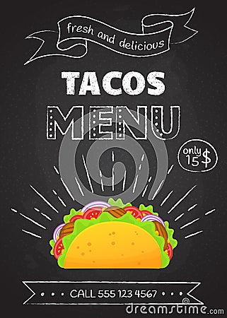 Traditional mexican fast food meal tacos menu Vector Illustration