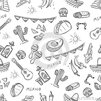 Traditional mexican food, mexico culture elements vector seamless pattern Vector Illustration