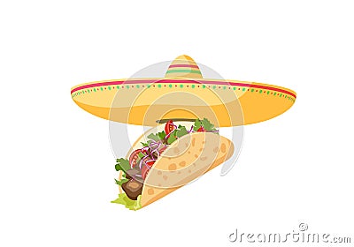 Traditional Mexican Food - Taco. Cartoon banner taco and sombrero. Vector illustration Vector Illustration