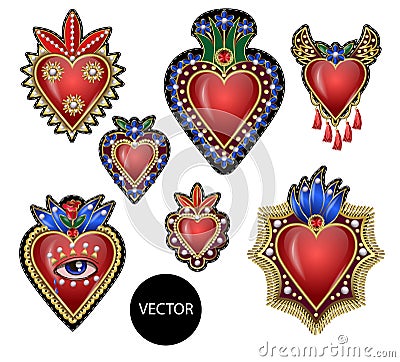 Traditional Mexican hearts with fire and flowers, embroidered sequins, beads and pearls. Vector patches. Vector Illustration