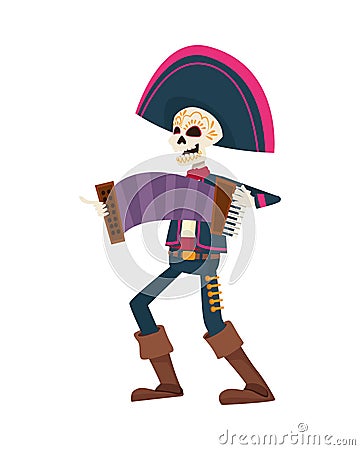 Traditional mexican mariachi skull playing accordion character Vector Illustration