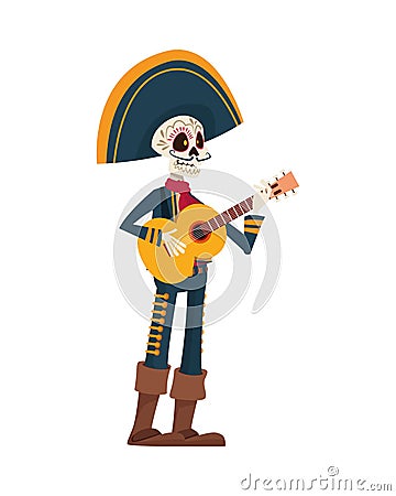 Traditional mexican mariachi skull playing guitar character Vector Illustration