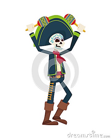 Traditional mexican mariachi skull playing maracas character Vector Illustration