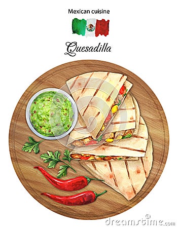 Mexican quesadilla with chicken, corn and sweet pepper watercolor Stock Photo