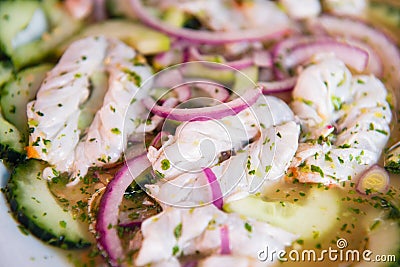 Traditional Mexican seafood. Aguachile, Mexican seafood food with copy space. Mexican seafood on wooden table. Stock Photo