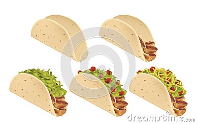 Traditional mexican Taco. Stages of preparation Vector Illustration