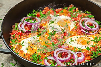Traditional middle Eastern dish Shakshuka in a pan Stock Photo