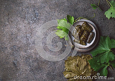 Traditional Middle Eastern dolma or tolma. Grape leaves stuffed with meat and rice. On Gray plate, gray concrete Stock Photo