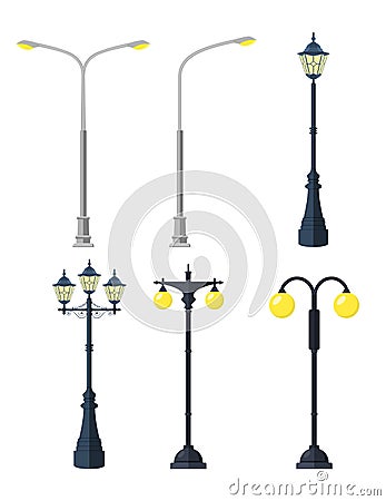 Traditional and Modern Outdoor Lamp Posts Vector Illustration