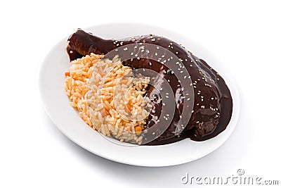 Traditional mole Poblano with rice in plate isolated Stock Photo