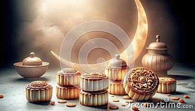 Mid-Autumn Festival Mooncakes and Decorations, AI Generated Stock Photo