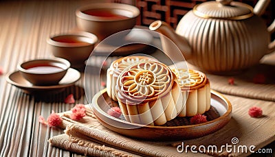 Traditional Mooncakes and Tea Set for Mid-Autumn Festival, AI Generated Stock Photo