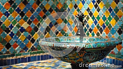 Traditional Moroccan Mosaic Fountain in Vibrant Colors Stock Photo