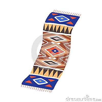 Traditional Moroccan rug, kilim mat with geometric pattern, multicolored print. Oriental Arab vintage long rectangle Vector Illustration