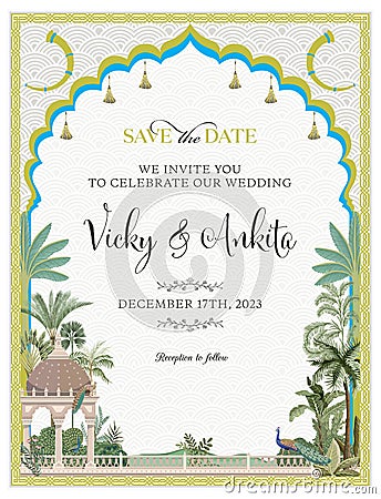 Traditional Mughal Wedding Card Design. Oriental frame with tropical tree Invitation card for printing Vector Illustration