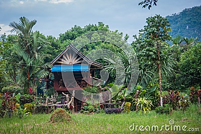 Traditional multicolored wooden house in the rain forest of Khao Sok sanctuary, Thailand Stock Photo