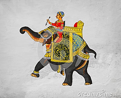 Traditional mural - image of maharaja of riding on an elephant. Stock Photo