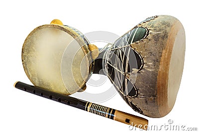 Traditional musical instument Djembe drum, tambourine and flute Stock Photo