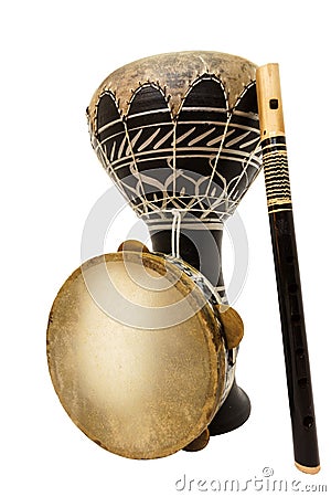 Traditional musical instument Djembe drum, tambourine and flute Stock Photo