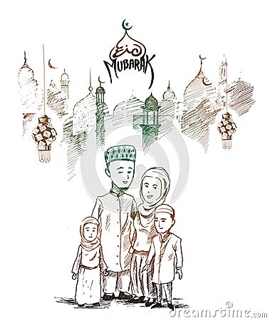 Traditional Muslim family with children - Hand Drawn Sketch Vector Illustration
