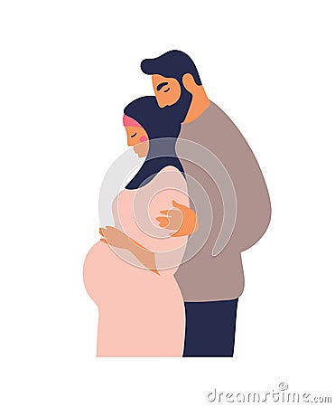 Traditional Muslim family expecting a baby. Pregnant woman with a husband. Arab family. Flat vector illustration Vector Illustration