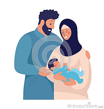 Traditional muslim family with newborn baby. Happy arab man hugs child and wife in hijab. Flat cartoon illustration Vector Illustration