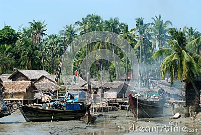 Traditional Myanmar village on estuary in Kyaikto city. Stock Photo