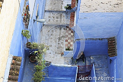 Traditional narrow street in blue city of Chaouen. Top view. Typical moroccan architecture Editorial Stock Photo