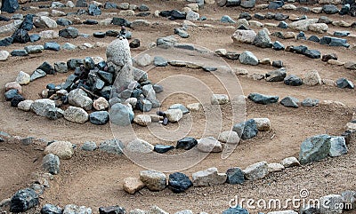 Traditional natural stone labyrinth maze made for contemplation and worship, created with rocks in shades of blue and turquoise Stock Photo