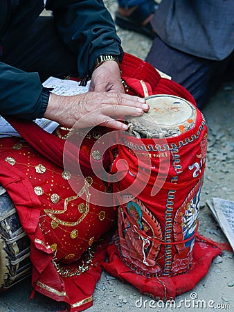 Traditional Newari instruments on the occasion of Rato machindranth Holybath Ceremony in Lalitpur Editorial Stock Photo