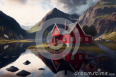 Traditional Norvegian country house and amazing landscape Stock Photo