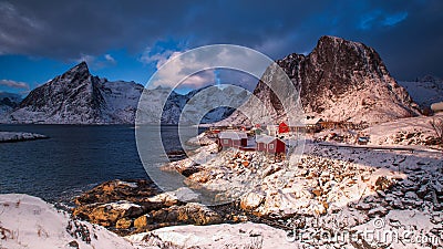 Traditional Norwegian fisherman`s cabins, rorbuer, on the island Stock Photo