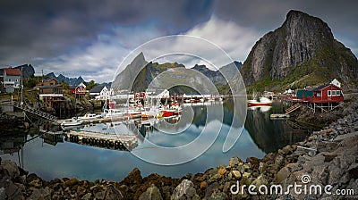 Traditional Norwegian Fishing Harbor of the Island Hamnoy Stock Photo