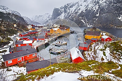 Traditional Norwegian Village in Nusfjord in Lofoten Islands in Norway Stock Photo