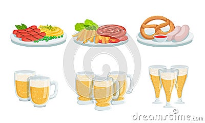 Traditional Oktoberfest Food and Beer Set, Glass Mugs of Light Beer, Sausages, Pretzel Vector Illustration Vector Illustration