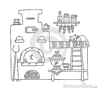 Traditional old Russian stove with bench, samovar, grip, pots, jug and sleep cat. Vector hand drawn illustration Vector Illustration