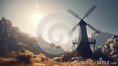 A traditional old stone mill on a hillside against the backdrop of beautiful mountains and a vibrant sunset sky Stock Photo