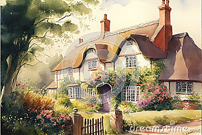 Traditional old English cottage house watercolor painting watercolour Stock Photo