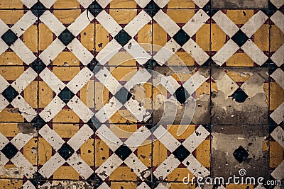 Traditional old tiles wall on the street Portuguese painted tin-glazed, azulejos ceramic tilework. Porto, Portugal. Stock Photo