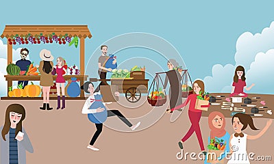 Traditional open market activity busy people selling buying and bring stuff outdoor Vector Illustration