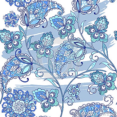 Traditional oriental seamless paisley pattern with watercolor stains. Vintage flowers seamless ornament in blue colors Vector Illustration