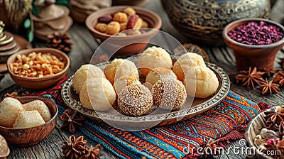 Traditional oriental sweets and ornate pottery on an embroidered tablecloth. Concept of cultural dessert spread, artisan Stock Photo