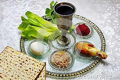 Traditional Passover bowl,Passover Seder Plate in Israel. Image for Jewish holiday Passover Pesach or Pesah Stock Photo