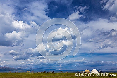 Traditional pasture in the high mountains. Kyrgyzstan. Traditional yurt Stock Photo